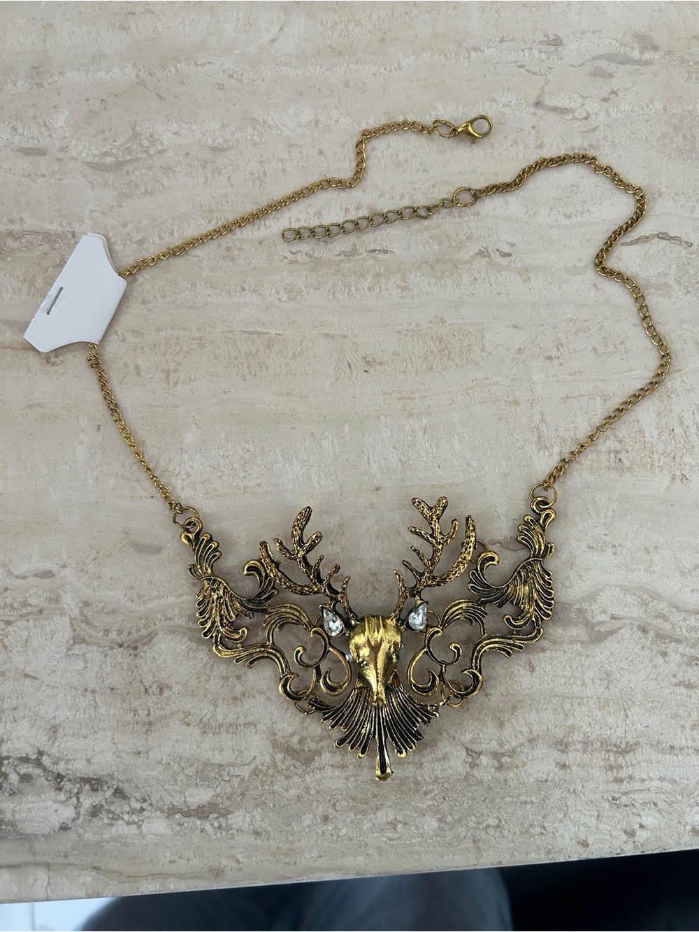 New gold tone antler deer statement necklace w/crystals